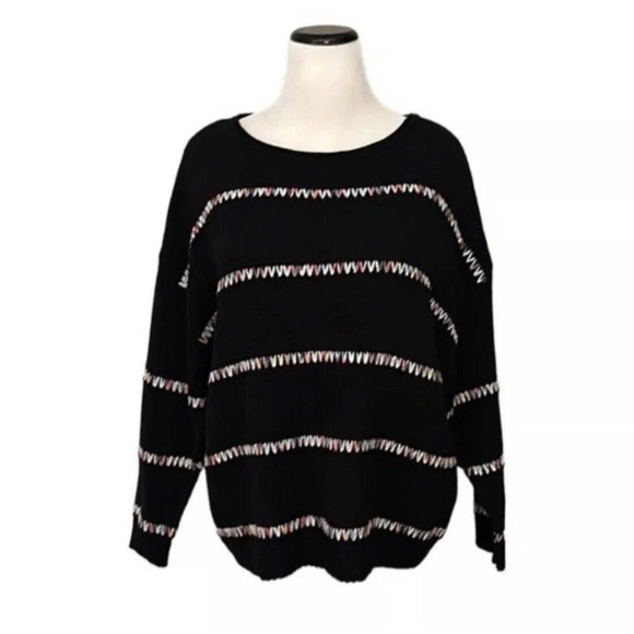 New Directions Black Sweater 1X Women's Confetti Colorful Embroidered Oversized - Picture 1 of 9